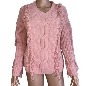 Love + Joy by FCT Sweater NEW knit Pepto pink fring edging NEW fisherman SZ LG